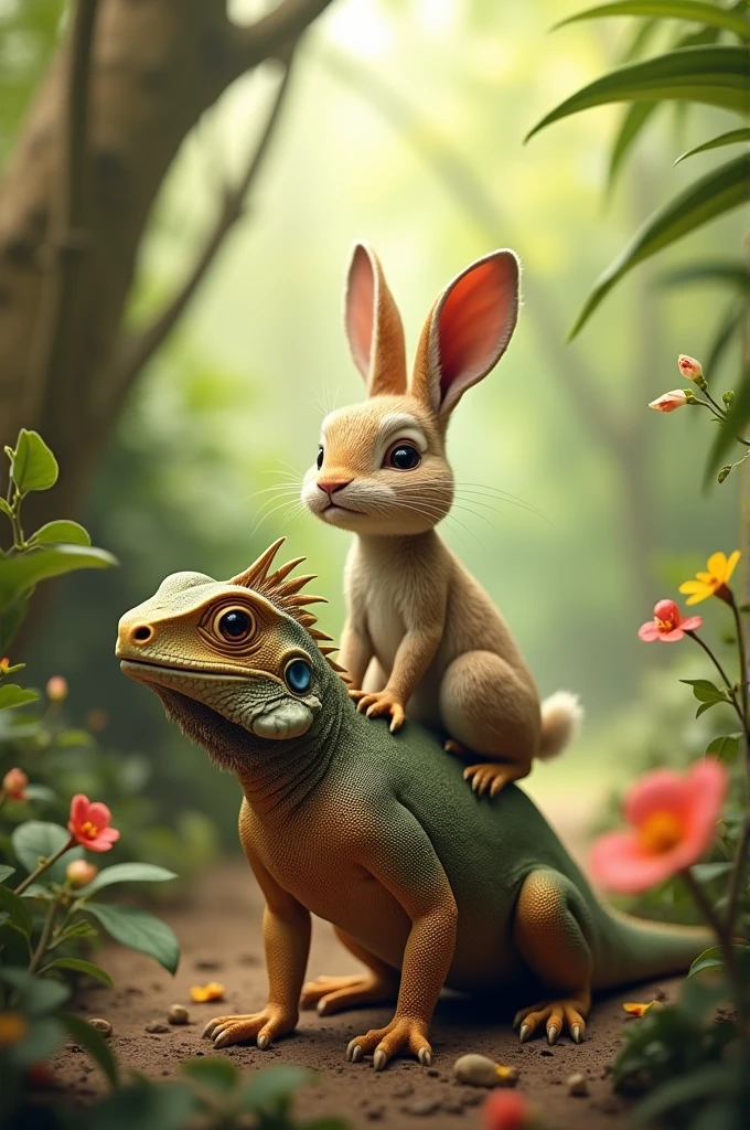 Here is an image of a rabbit riding on top of an iguana