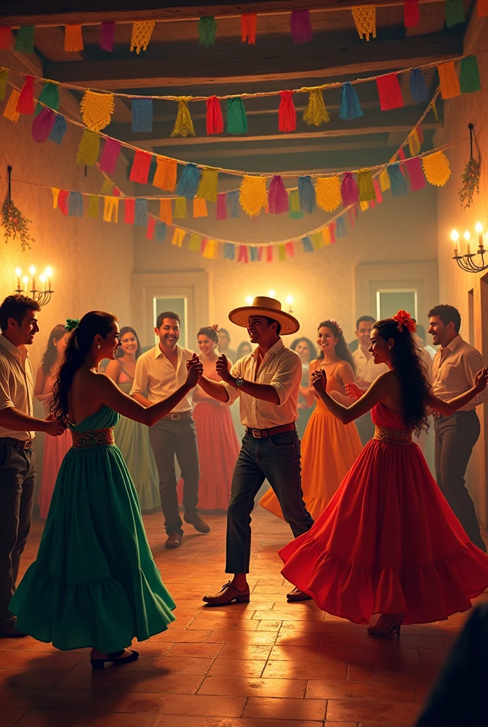 This scene shows a vibrant traditional dance in the Venegas family home.. The room is decorated with colorful pennants and oil lamps that softly illuminate the environment.. men and women, dressed in traditional costumes, fill the dance floor. The men wear straw hats and cloth pants., while women wear long, colorful dresses, with ribbons in the hair. music, played by a string ensemble in a corner, fills the air with festive melodies. There is laughter, Lively conversations, and a general feeling of community and celebration.