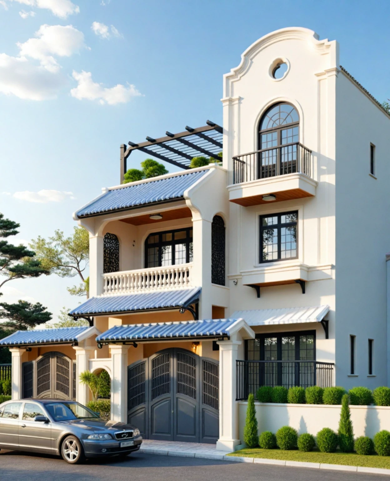 Architectural style Architectural style, ((Classic Style House)),(masterpiece) , ((best quality)), dramatic lighting, high quality outdoors, sky, day, cloud, tree, blue sky, building, scenery, road, real world location, sunlight, enough detail, high resolution,super realistic, Photorealistic, highly detailed, balcony, plants, door, car, truck, parking slot, paving, . Clean lines, architectural drawing, highly detailed , . Clean lines, geometric shapes, minimalist, modern, architectural drawing, highly detailed