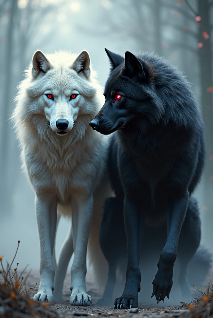 an image for a tattoo with a white wolf and a black wolf and both with red eyes