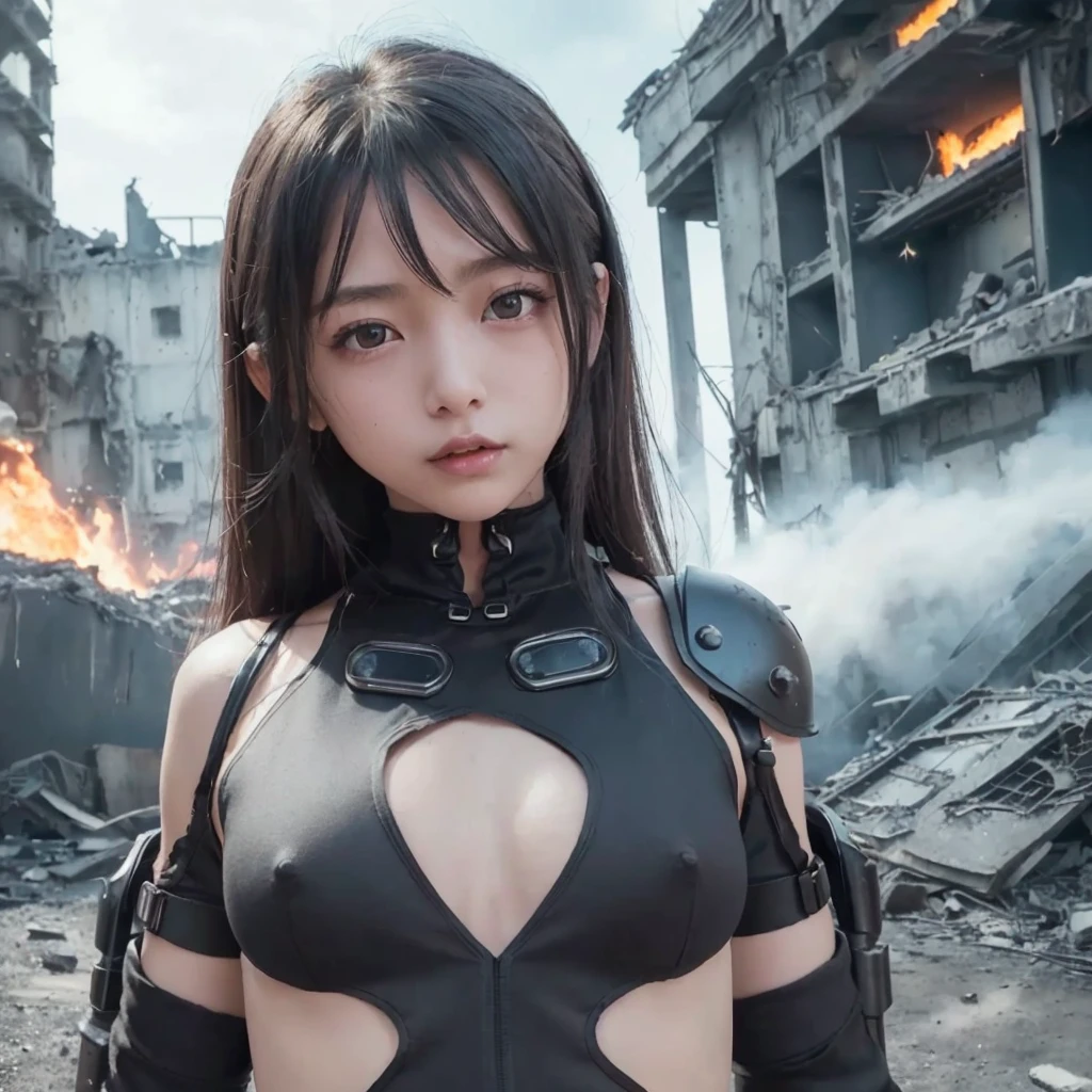 Highest quality、8k,Detailed Images、(((Beautiful girl small breasts))),Cute woman、(((Upper body naked))),Big smile,(((Completely naked))),Shoulder-length hair、(((Round face))),(((Big eyes))),Shoulder-length hair、Long eyelashes、Red lips、 Round eyes、Heavy makeup、Sweaty、Sweating、(((Black costume))),(((Battlesuits of the future)))、(((A suit that emphasizes the breasts))),Complex background punk, , Futuristic, Post-apocalyptic, dark, 薄dark光, ((masterpiece, Highest quality, )),(((Nipples exposed through the gaps in her clothes))),,(((Small nipples))),(((Small areola))),(((Nipple details))),The neon-lit streets of a cyberpunk metropolis, Ignoring the boundaries between reality and technology、(((Small breasts)))、(((Small breasts)))、Pretty beautiful girl、(((Upper body naked)))、８age,(((Round face)))、A face like an elementary school student、Young face,Sexy look、(((The flames of the explosion)))、The town is destroyed,(((War breaks out)))