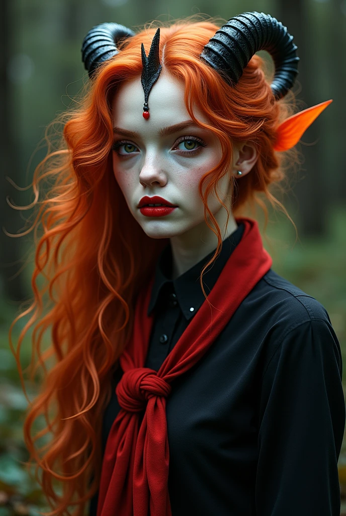 A demon, half human and half fish with orange red hair, curly, with the front of her hair white wearing a black button-up dress and a red scarf also having small black horns in the middle of her head