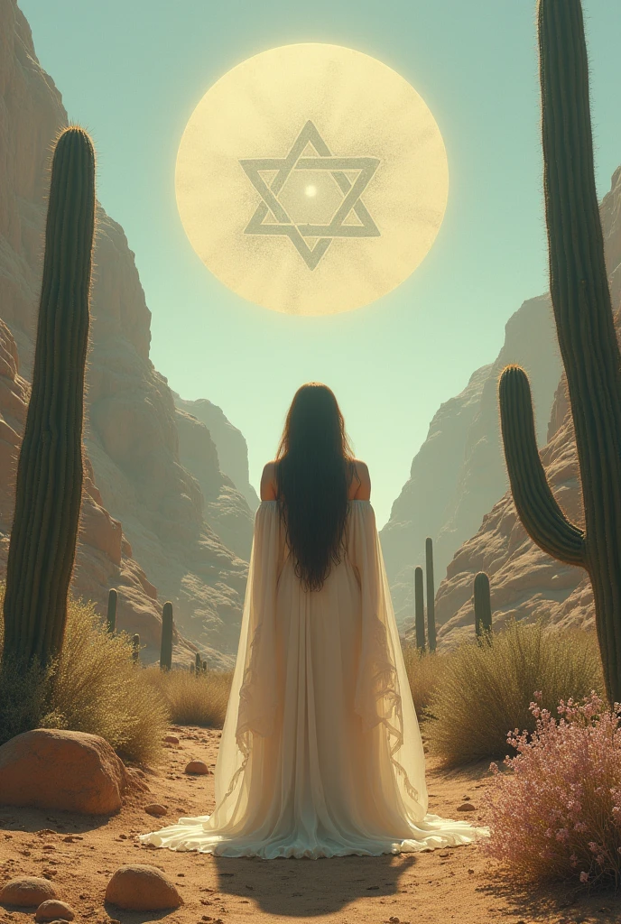 Woman from behind in the desert with captus with flowers and the lion of the tribe of Judah