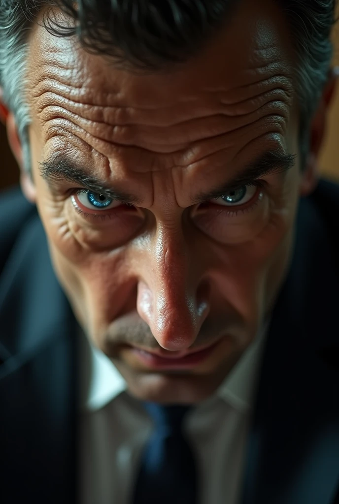 Show us an extreme close-up of the boss&#39;s sparkling eyes as he says something to his employees.
