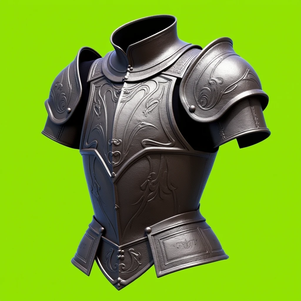 hyperrealistic, medieval, iron scale, chest armor piece, lime green background