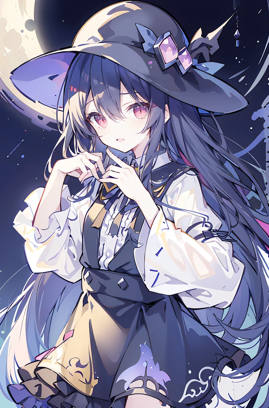 oung Girls,Humanity,A magician always smiles,big witch hat,cute,dark blue long hair,The eyes are dull,The bangs are heavy,Thin eyebrows,fantasy,intake,Double teeth,Star Theme,Constellation pattern,Solid color clothetal decoration,cloak,A bit of a dark atmosphere,A little crazy smile,When the big moon shines outside at night,blood,Hair black star embellishment,Short tie,No nails,High waist skirt,Bell sleeves,Long-sleeved shirt,Black tie,low risk,gentlemen。Mist、Yellow and white effect,Shocking pink as an accent color