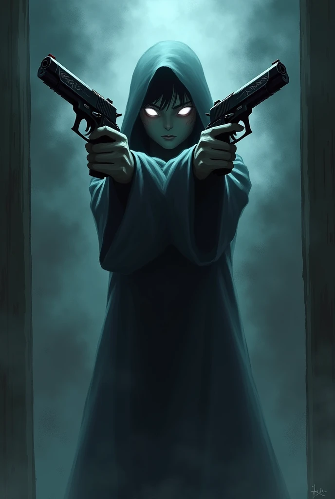 Anime-style illustrations、A dark, misty ghost with two pistols
、Dark background、Looking somewhere
