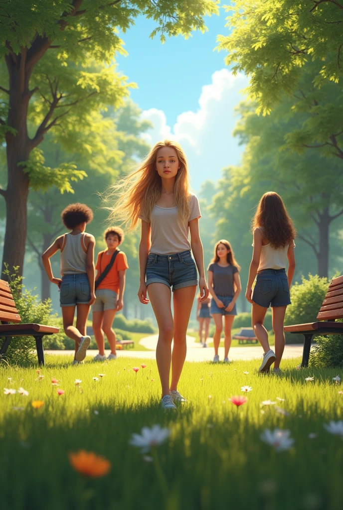 Realistic image in the park with friends with realistic blonde teenager