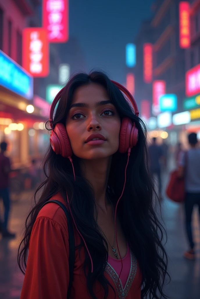 A Indian girl enjoying music in night with street view wearing headphone
