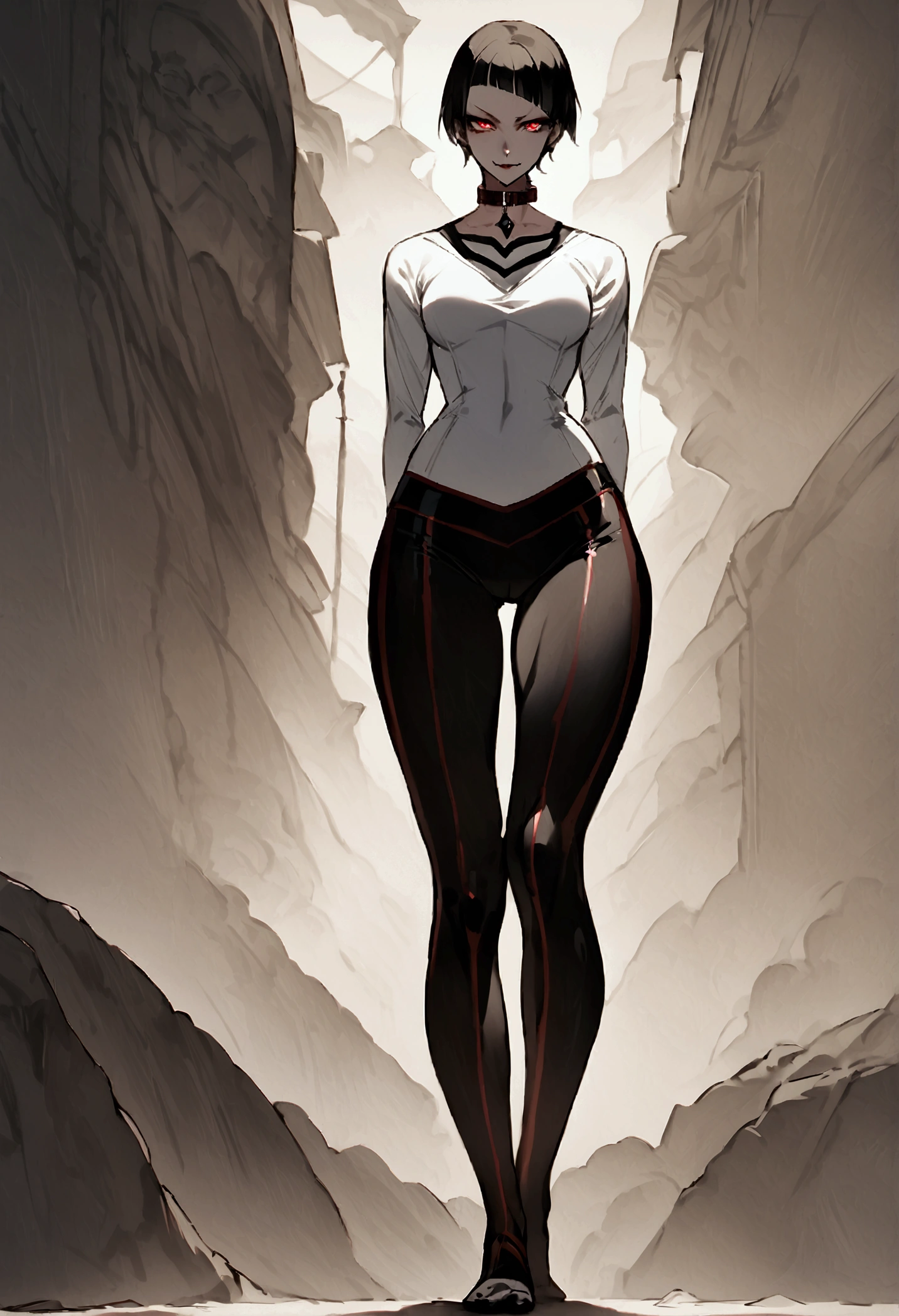 The eyes,fully body,standing,alone,short hair,work of art,face detailed,young fitness linda,Wearing black pantyhose,tight white sweater with collar ,neckleace,evil smile,red eyes glowing,labiaa,eye shadow,bangs on the eyes,black gloves,usando The eyes