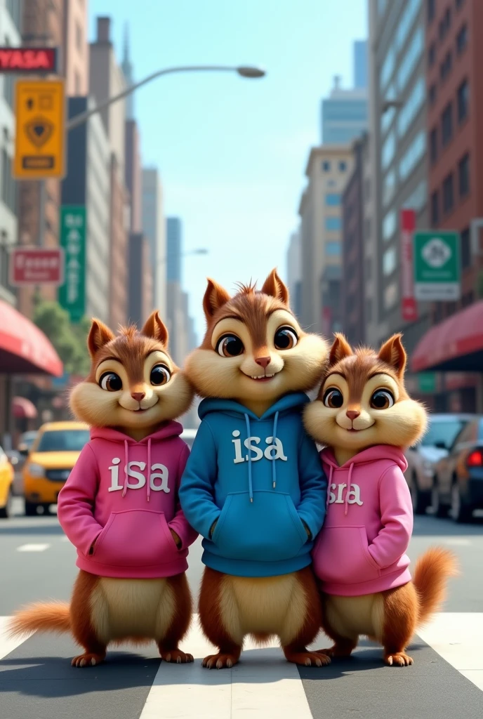 live-action with three anthropomorphic female squirrels, 'Alvin and the Chipmunks',' in the middle of a busy street in a big city. Lara has to be in the middle, and Isa and Sofia on the ends. The squirrels are wearing human clothes: Isa wears a pink sweatshirt with her name written on it, Lara wears a blue jacket with her name written on it and Sofia wears a pink sweatshirt with her name written on it.. Ao fundo, There are tall buildings, street signs and cars, capturing the vibrant atmosphere of a big city during the day