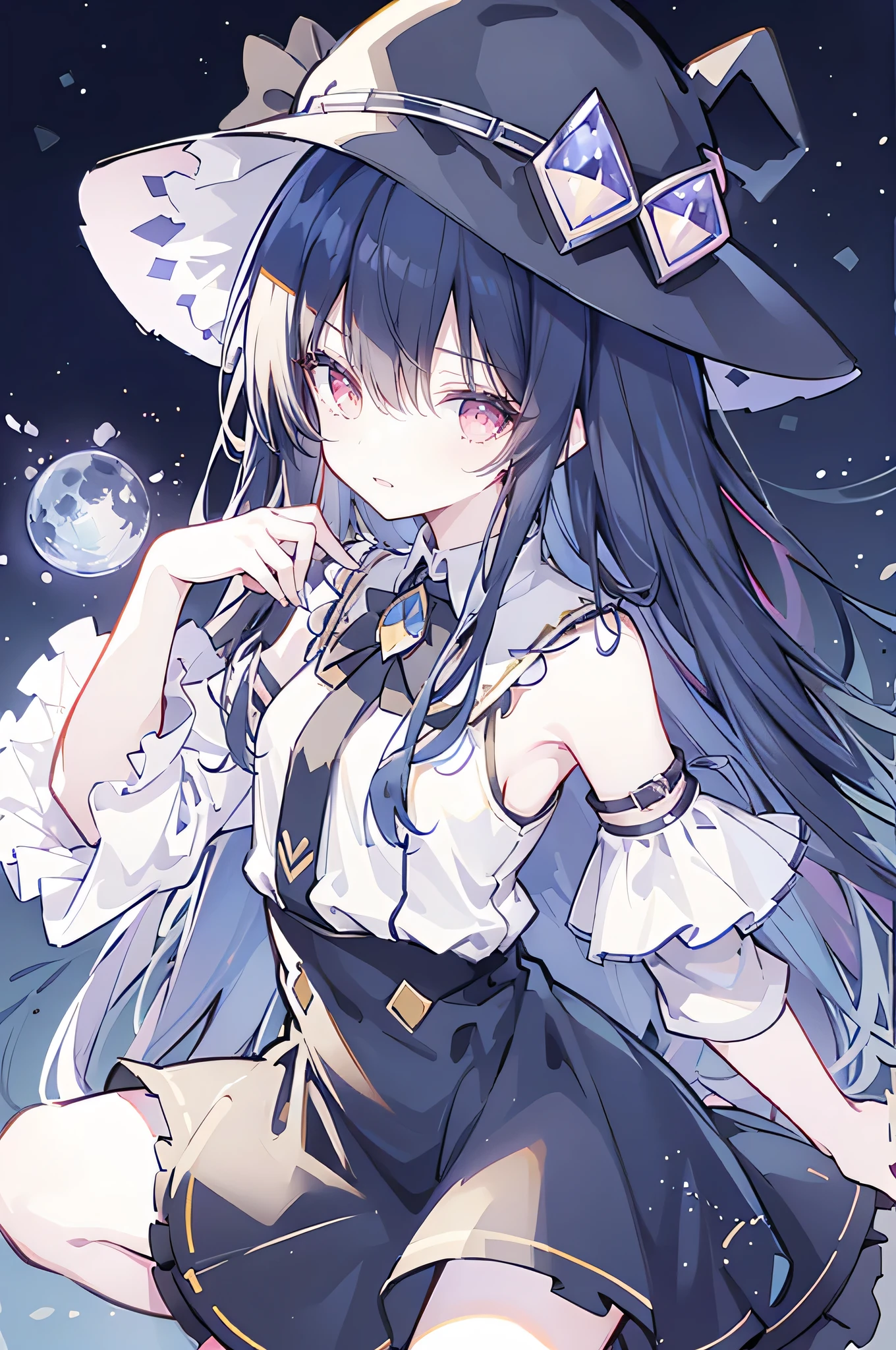 oung Girls,Humanity,A magician always smiles,big witch hat,cute,dark blue long hair,The eyes are dull,The bangs are heavy,Thin eyebrows,fantasy,intake,Double teeth,Star Theme,Constellation pattern,Solid color clothetal decoration,cloak,A bit of a dark atmosphere,A little crazy smile,When the big moon shines outside at night,blood,Hair black star embellishment,Short tie,No nails,High waist skirt,Bell sleeves,Long-sleeved shirt,Black tie,low risk,gentlemen。Mist、Yellow and white effect，Shocking pink as an accent color