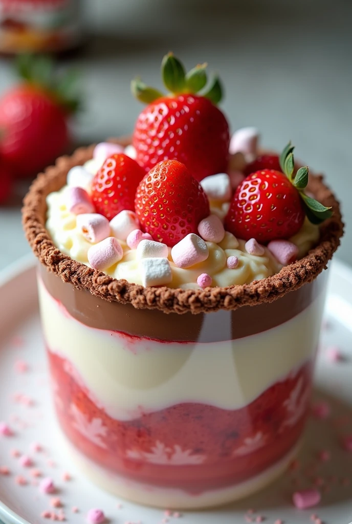 Strawberries and cream in a 500ml transparent bowl with Nutella rim and decorated with mini marshmallows and milk powder on top