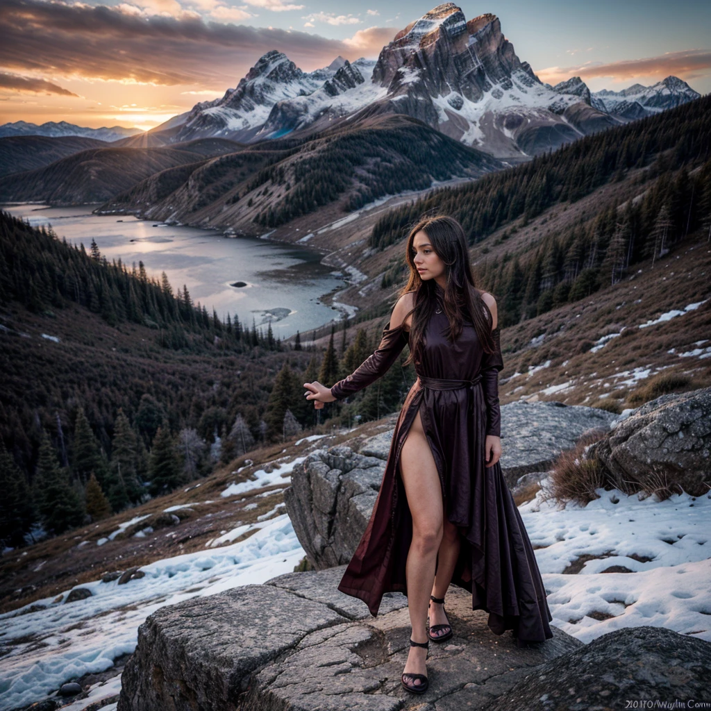 A 35-year-old woman radiating strength and elegance in a dramatic, mountainous landscape during sunset. She stands on a rocky outcrop, dressed in a flowing, deep-colored gown that contrasts with the rugged terrain. One arm is outstretched as if reaching for the horizon, while her gaze is focused on the distant peaks, exuding determination and grace. The camera is positioned low, capturing her against the backdrop of towering mountains, with the sky painted in shades of orange, pink, and purple. The background includes jagged cliffs, distant snow-capped peaks, and a winding river far below, adding depth and majesty to the scene. Photographed with a 24-70mm lens, the image blends her poised beauty with the epic grandeur of nature, creating a powerful and inspiring composition.