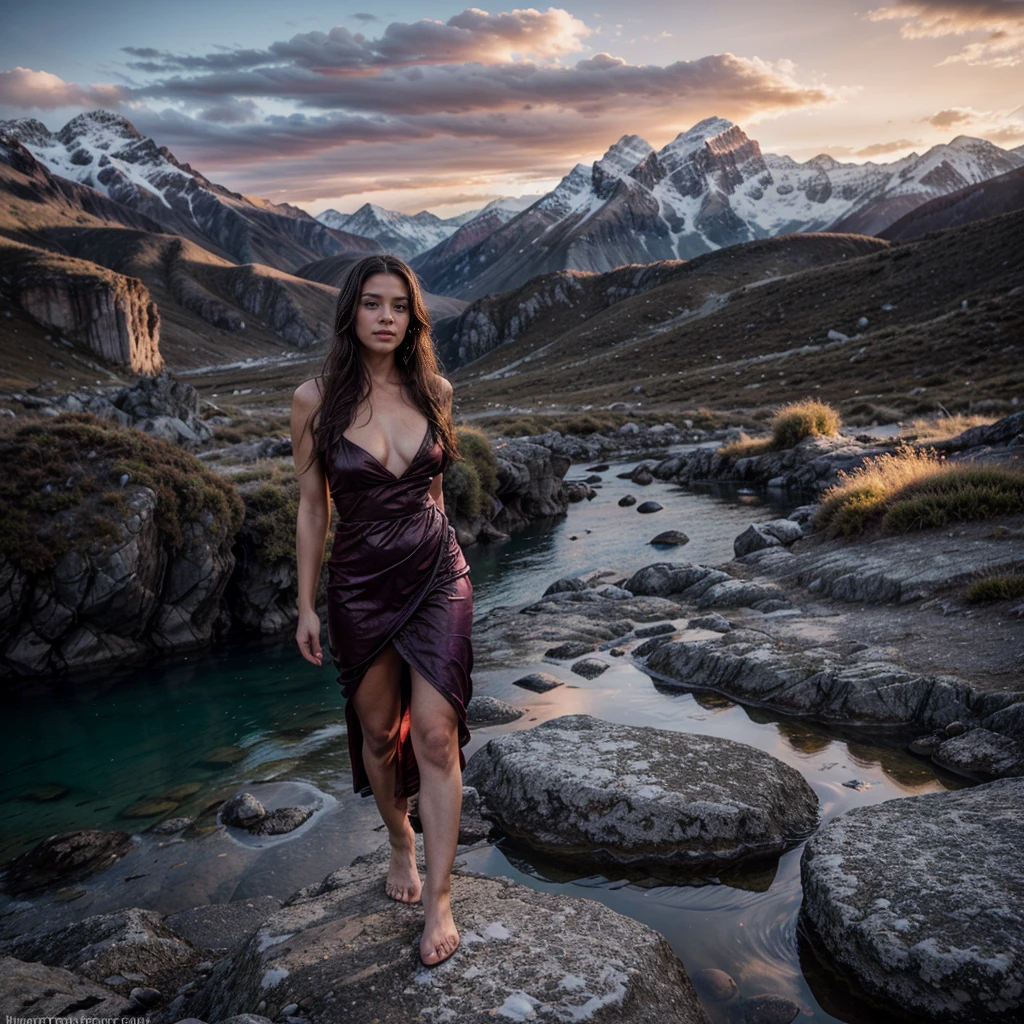 A 35-year-old woman radiating strength and elegance in a dramatic, mountainous landscape during sunset. She stands on a rocky outcrop, dressed in a flowing, deep-colored gown that contrasts with the rugged terrain. One arm is outstretched as if reaching for the horizon, while her gaze is focused on the distant peaks, exuding determination and grace. The camera is positioned low, capturing her against the backdrop of towering mountains, with the sky painted in shades of orange, pink, and purple. The background includes jagged cliffs, distant snow-capped peaks, and a winding river far below, adding depth and majesty to the scene. Photographed with a 24-70mm lens, the image blends her poised beauty with the epic grandeur of nature, creating a powerful and inspiring composition.