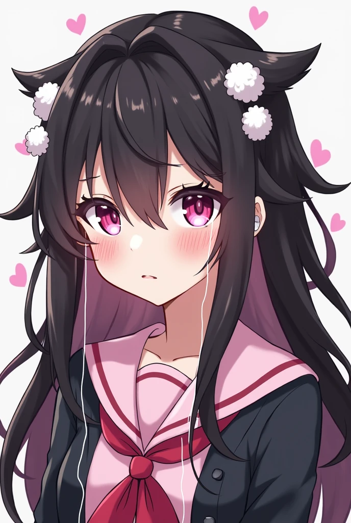 One person, Black Hair,Pink inner color,Long Hair, Gaze, Heavy bangs,Half pigtails Close your mouth, Pink eyes, Droopy eyes, Open your eyes, Take a closer look, Hearts in eyes, Simple Background, ribbon, Headband, White fluffy hair accessories, earphone, anime, anime風, skirt,Pale skin,黒色✨長袖,Frills,Mine system,smartphone,Looking down,No eyebrows,Red eyeshadow under the eyes,Pink Sailor Suit,Dark cardigan