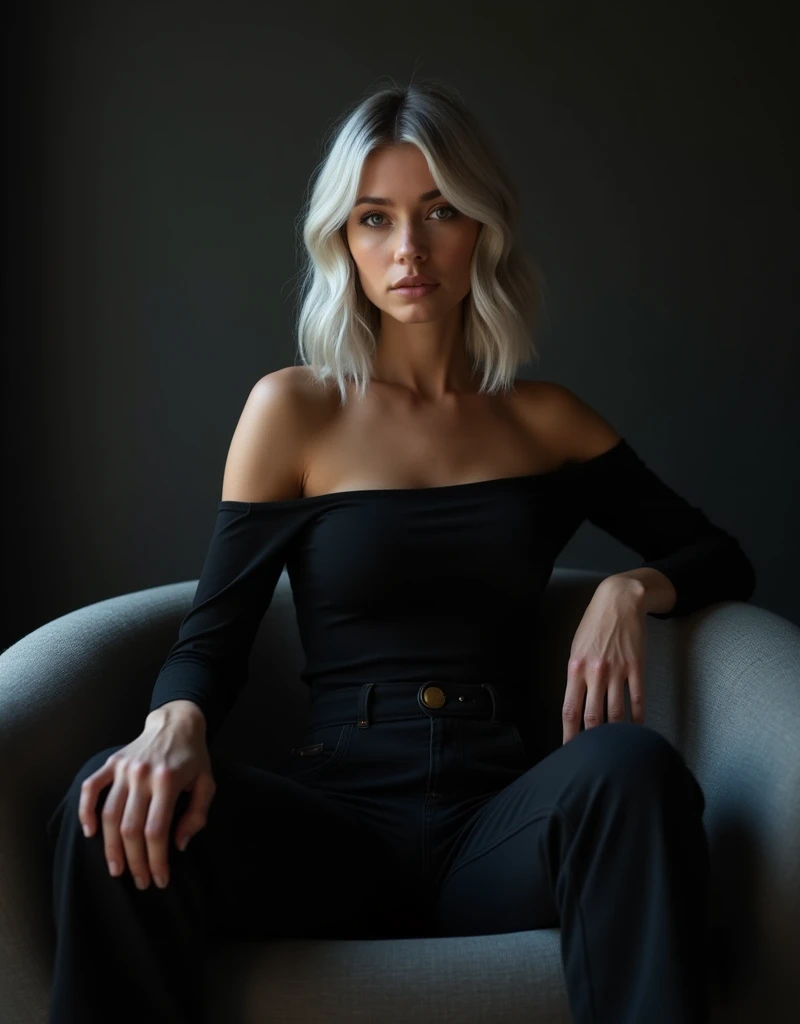 Girl sits elegantly on a modern soft chair, looks straight, Sits up straight, Against the background of a dark room, black off shoulder top, light gray hair below the shoulders, good lighting, realistically, photo