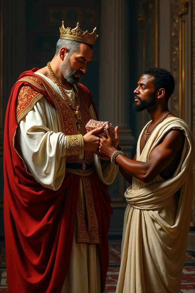 A rich man had a slave. The rich man is giving money to his slave
