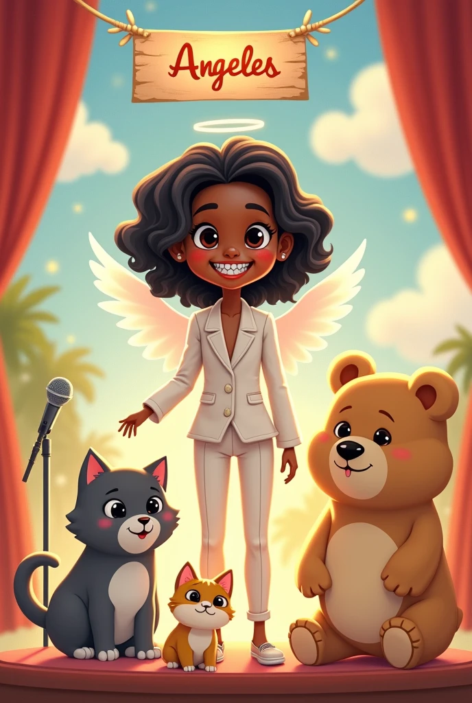A brown skinned girl ,with big wings like an angel with a smile and braces on her teeth with black wavy hair in a beautiful white suit that is on a stage with a microphone next to her are her 3 pets a gray kitten with chubby cheeks that has the name Polo on its collar and her other pet that is a yellow and white kitten and on its collar it says nini she is smaller and her last pet that is a large beige golden and its collar says Teddy Bear above them they have a sign called Angeles 