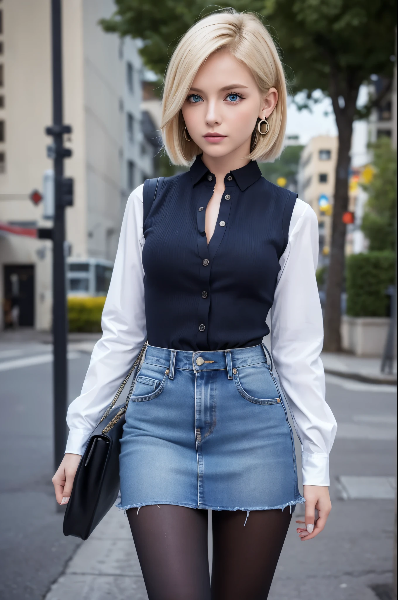 8k,Highest quality, High resolution, AND18, One Girl, Android 18, alone, Blonde, blue eyes, short hair, Earrings, jewelry, Denim dress, Open Vest, Black Pantyhose, Black Shirt, Jeans Skirt, long sleeves with stripes, Blue Skirt, Medium chest, Cowboy Shot, street, (External dilated chest: 1.2)　The body&#39;s aura is released　(Blue white light effect),Highest qualityのフォトリアリスティックRAW写真。Backlight、Cinema Lighting、Film Grain、50mm lens、Nikon D850、Realistic Skin、Fantasy art、Character Art、超High resolution、muscular and slim body、超Realistic Skin、Super Muscular Beauty,smile,Dynamic fighting pose,Clench your fist and get ready,