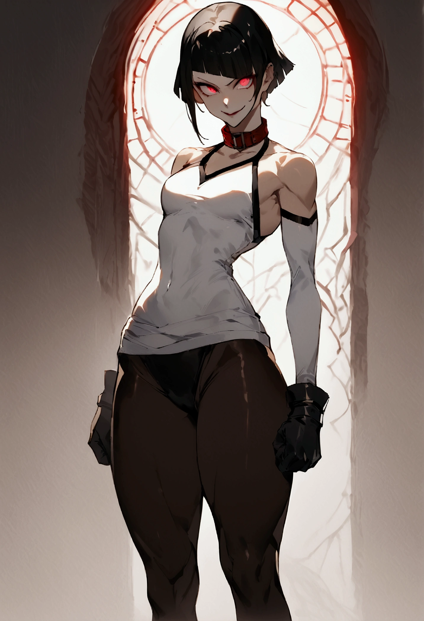 The eyes,fully body,standing,alone,short hair,work of art,face detailed,young fitness linda,Wearing black pantyhose,tight white sweater with collar ,neckleace,evil smile,red eyes glowing,labiaa,eye shadow,bangs on the eyes,black gloves,usando The eyes