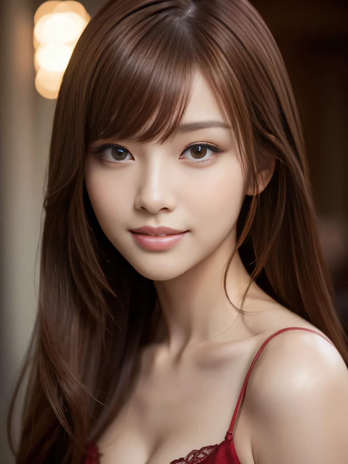 masterpiece, best quality, ultra-detailed, intricately detailed hyperdetailed, realistic, sharp features, highly detailed, sharp focus, Realistic, Photorealistic:1.3, (19 years old:1.3), perfect face, perfect symmetrically eyes, perfect full lips, hyper detailed, hyper realistic, high resolution, beautiful young Japanese woman, Slender, brown hair, Stylish, model poses, Beautiful Face, Red hair, asymmetrical bangs, (seductive smile:1.2), (looking at viewer), cinematic lighting,