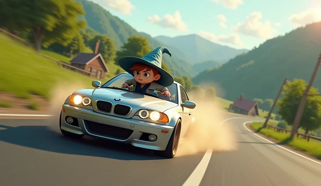 Im Stil von Pixar 3D-Animations-Filmen. A silver BMW E46 Compact races along a country road, spraying sparks behind it. He is driven by an aggressive skinny boy in a wizard costume.