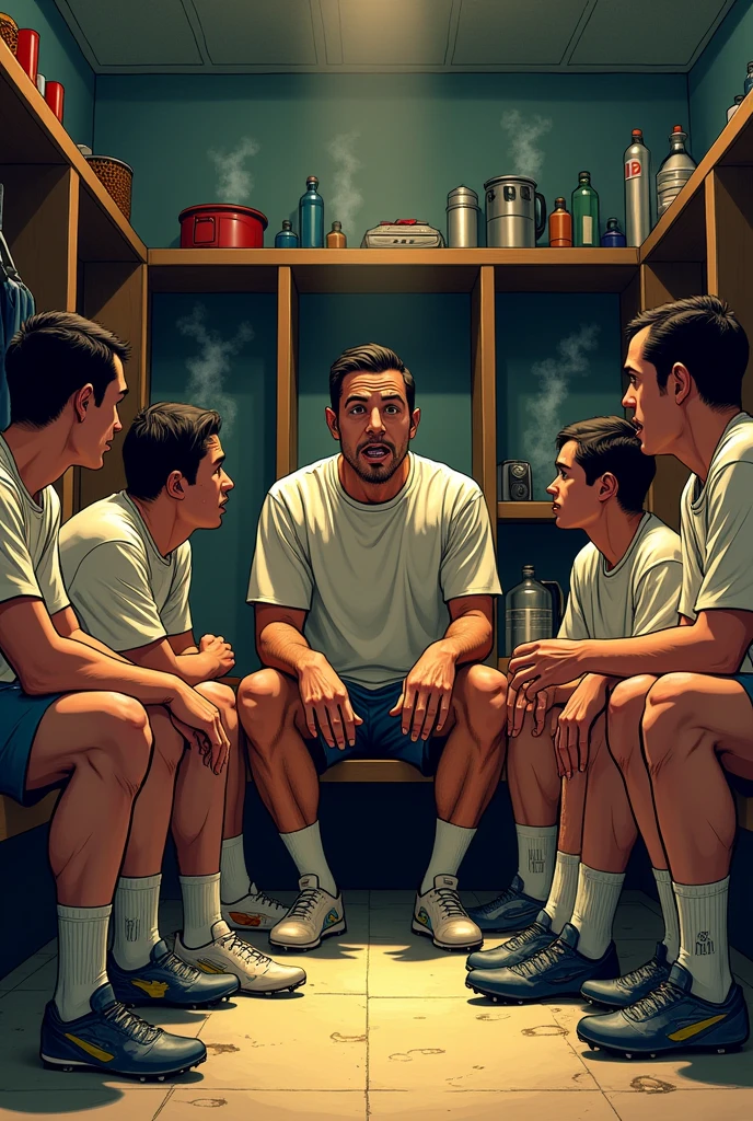 "At half time, The players are in the locker room, tired but determined. Carlos, the coach, He is giving an animated speech. The players are sitting, listening carefully as they recover. The animation highlights the contrast between fatigue and motivation, with warm colours in the locker room and a focus on the players&#39; expressions."COMIC FORMAT ON A FUTSAL FIELD
