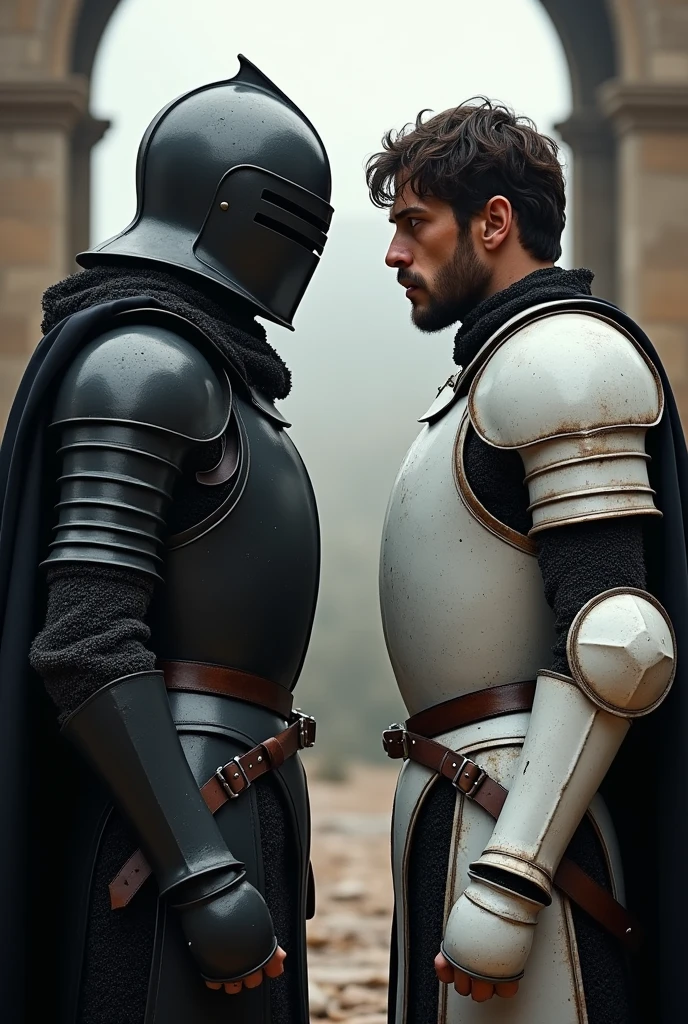 Short, muscular soldier, 26 years old, wavy black hair and brown eyes. Wearing black steel medieval armor, looking angry, on the opposite side of his friend, a tall man with long blond hair and green eyes, wearing white medieval armor