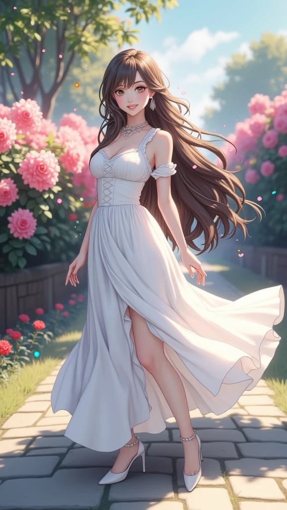 (masterpiece、Highest quality、8k、High resolution)、(One female、Beautiful Face、Beautiful eyes、Beautiful lips、Beautiful nose)、smile、The white upper teeth are faintly visible、Brown-black hair、(The best girl in anime)、garden、blue sky、Colorful flowers are blooming、Vibrant colors、Red roses are beautiful、(Body、whole bodyから神秘的な光の粒子、Colorful light particles、A mysterious light glowing around the head)、melt、jewelry、necklace、dress、(whole body)、Highly detailed anime art、A complete portrayal、