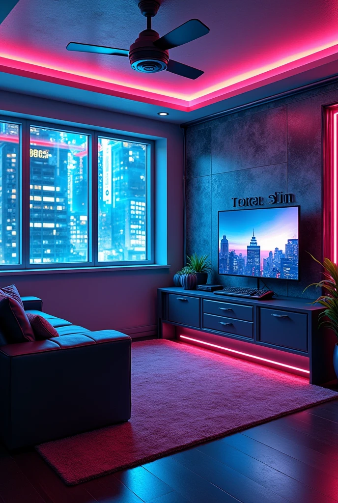 Room with a sofa on the left and a TV on the right wall with a TV cabinet underneath. On the back wall a window with a rather futuristic view in a Cyberpunk theme. r&#39;s bedroom in a Cyberpunk theme with neon lights on the ceiling and the words TOKAAN written on the left wall above the sofa with the Twitch logo 