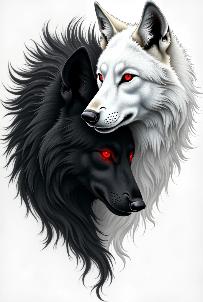 a tattoo with a white wolf and a black wolf and both with red eyes
