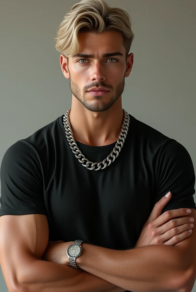 Create a realistic image of a young man, handsome and slim, with light blonde hair, short and combed to one side. The man has a serious but attractive expression, with honey-colored eyes that capture the light. He is slightly shaved, showing a slight shadow of beard, and wears a thick silver chain around his neck. The man is wearing a tight black t-shirt that highlights his build and has his hands visible., posed naturally in front of him or to the sides, with a relaxed posture. The background should be simple and neutral, allowing the main focus to be on the man's face, Her hands, and their facial details.