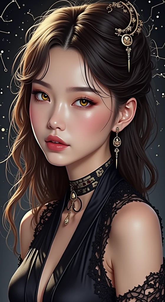 1 2, 1 zodiac goddess from the future, 12 Zodiac goddess pink-purple, 12 Zodiac goddess Audai thin sexy yellow deep slit chest, 12 zodiac Ao Dai many details black lace deep slit chest, Goddess mythology 12 zodiac signs from the future, chineseZodiac, Luxurious sparkling zodiac style, dark and mysterious version, zodiac crown, Red lipstick, thin and pretty lips,don't smile,Keep one's mouth shut,Characters created by Carol Barker and Pino Dianey,Complicated details,detailed back ground,extremely detailed nipple,Light magic,A woman of one,full bodyesbian,s the perfect face,Clear face,Look at the face of the goddess of the zodiac,Blooms' chest, Big and round breasts,Long hair with flat bangs,beautiful detailed face and well-proportioned eyes, (Yellow eyes:1.8),Big round eyes and very beautiful and detailed makeup,Visionary,Wearing a long silk shirt,Mysterious makeup,Flat bangs and dyed light gold,The upper body is the zodiac sign of the goddess,Physically,Arms hanging down, Realistic and vivid images, (The stars that make up the zodiac:1.7), (Constellations in sky background and broken doors of space-time,textured:1.8),fiction art,RAW photos,hanfu photos,best photos,Highest high resolution,best qualtiy,Best photo quality,8K quality,8K extreme,Ultra photo realsisim,The most realistic photo,12 zodiac goddess portrait art,12 symbols behind the 12 constellations,Single goddess portrait 1 constellation, Most realistic color scheme, best photo color, tmasterpiece, Hair decoration, choker necklace, jewely, Nice face, The upper part of the body, Tyndall effect, photograph realistic, dark studio, Border light, Bright in two shades, (highdetailskin: 1.2), 8K UHD, digital SLR camera, softlighting, high high quality, volumettic light, realisticlying, snapshot, A high resolution, 4K quality, 8k, bokeh, Smooth and sharp, 10x pixel increments, Female sexy zodiac goddess, sexy zodiac goddess,