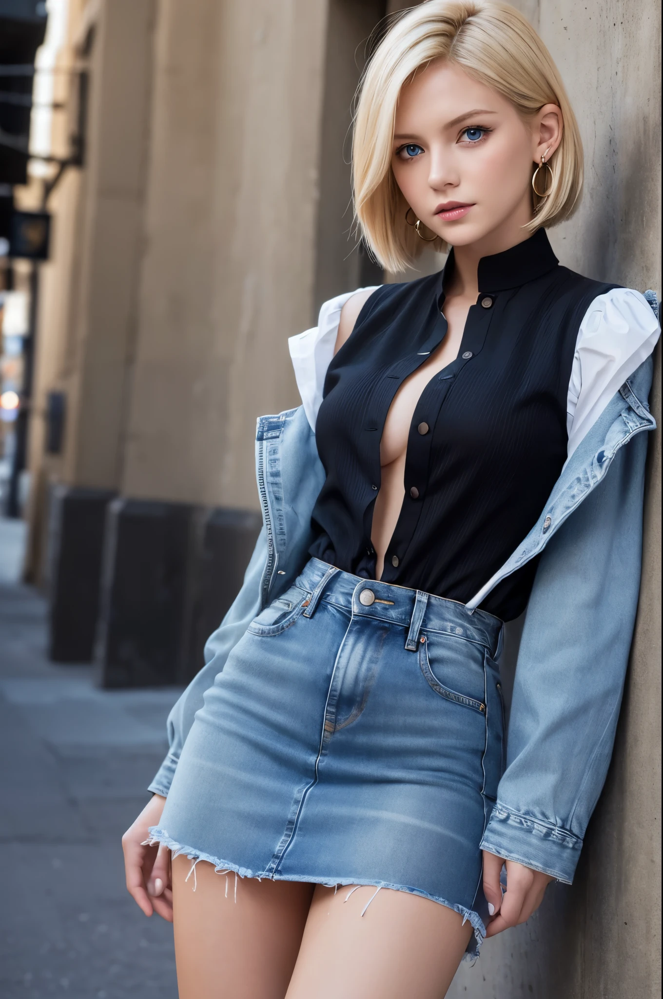 8k,Highest quality, High resolution, AND18, One Girl, Android 18, alone, Blonde, blue eyes, short hair, Earrings, jewelry, Denim dress, Open Vest, Black Pantyhose, Black Shirt, Jeans Skirt, long sleeves with stripes, Blue Skirt, Medium chest, Cowboy Shot, street, (External dilated chest: 1.2) The body's aura is released (Blue white light effect),Highest qualityのフォトリアリスティックRAW写真。Backlight、Cinema Lighting、Film Grain、50mm lens、Nikon D850、Realistic Skin、Fantasy art、Character Art、超High resolution、muscular and slim body、超Realistic Skin、Super Muscular Beauty,smile,