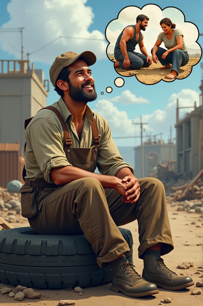 Realistic photography art, with stunning shooting with 34k hyper realistic ultra wide angle view, This is a realistic illustration of a man sitting on a used tire., he wears dull clothes, dirty work clothes and sweaty skin, but the expression on his face looks happy, there is an illustration above his head that his family at home should be happy with what he does, with a building work place background, This illustration looks very realistic.