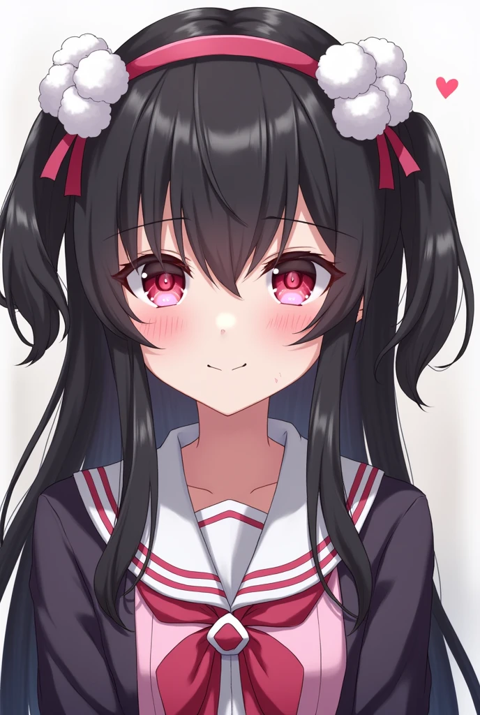 One person, Black Hair,Pink inner color,Long Hair, Gaze, Heavy bangs,Half pigtails Close your mouth, Pink eyes, Droopy eyes, Open your eyes, Take a closer look, Hearts in eyes, Simple Background, ribbon, Headband, White fluffy hair accessories, earphone, anime, anime風, skirt,Pale skin,黒色✨長袖,Frills,Mine system,smartphone,Looking down,No eyebrows,Red eyeshadow under the eyes,Pink Sailor Suit,Dark cardigan