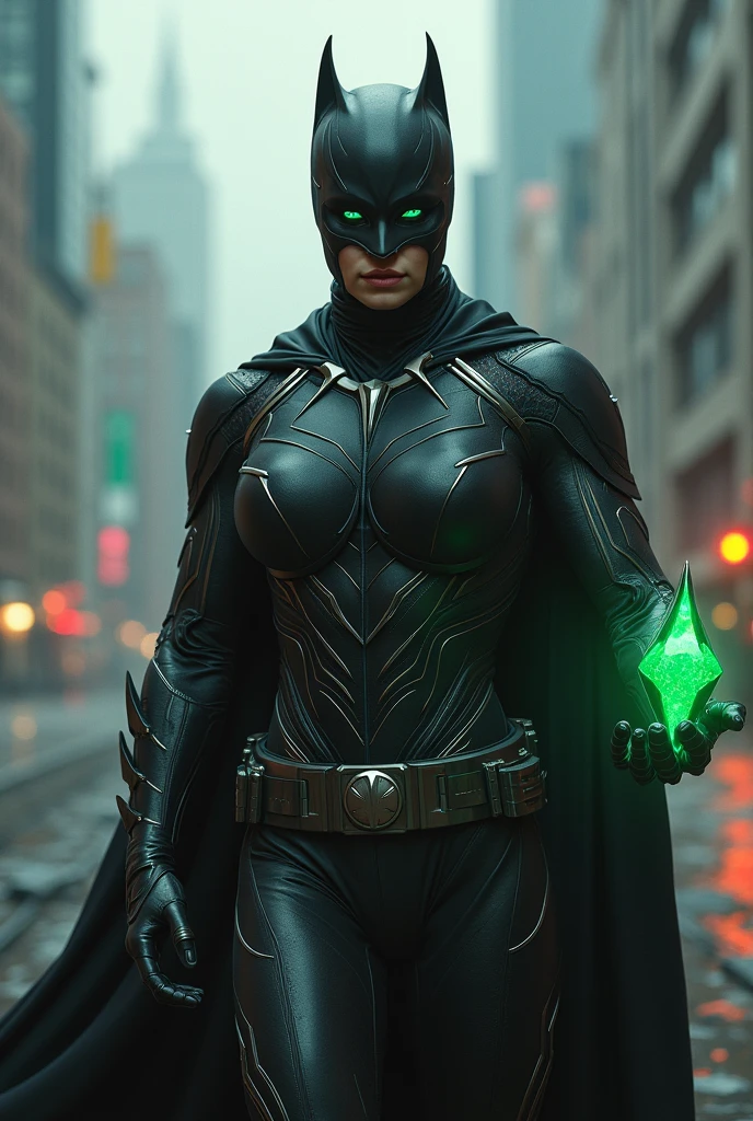 create an image of a superhero called scarlet with a black emerald with a costume similar to black panther and batman with nanorobots like iron man