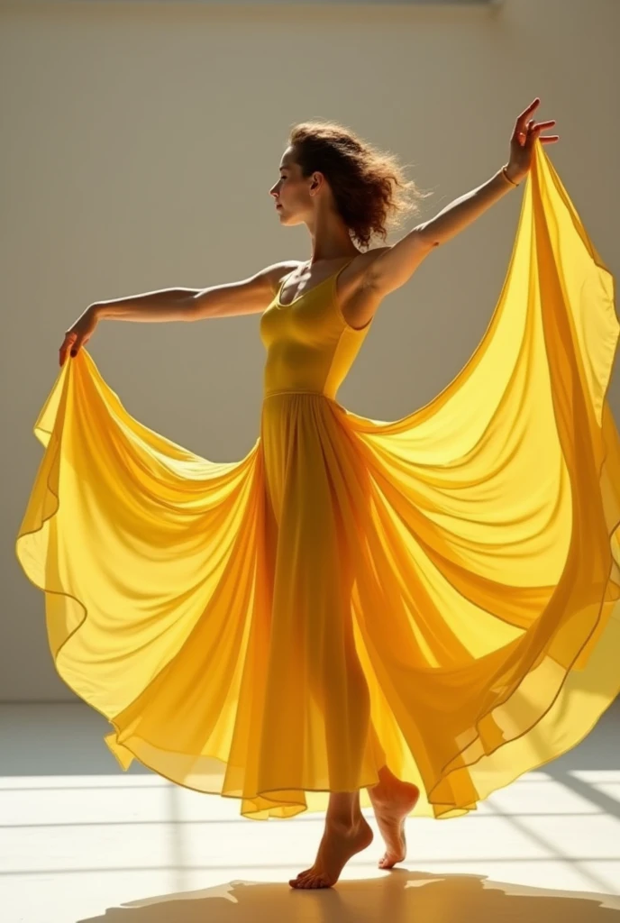 a woman in a yellow dress is dancing in a room, dancing gracefully, modern dance aesthetic, by Elizabeth Polunin, dynamic dance photography, inspired by Elizabeth Polunin, lady using yellow dress, anna nikonova, beautiful and graceful, with yellow cloths, alina ivanchenko, by irakli nadar, viktoria gavrilenko