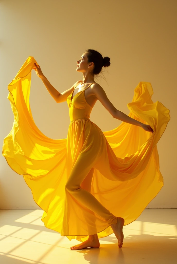 a woman in a yellow dress is dancing in a room, dancing gracefully, modern dance aesthetic, by Elizabeth Polunin, dynamic dance photography, inspired by Elizabeth Polunin, lady using yellow dress, anna nikonova, beautiful and graceful, with yellow cloths, alina ivanchenko, by irakli nadar, viktoria gavrilenko