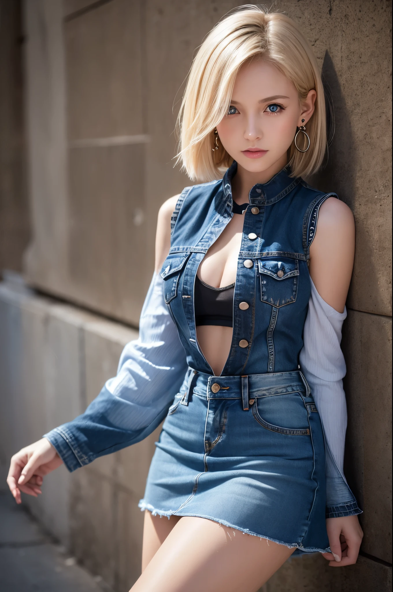 8k,Highest quality, High resolution, AND18, One Girl, Android 18, alone, Blonde, blue eyes, short hair, Earrings, jewelry, Denim dress, Open Vest, Black Pantyhose, Black Shirt, Jeans Skirt, long sleeves with stripes, Blue Skirt, Medium chest, Cowboy Shot, street, (External dilated chest: 1.2) The body's aura is released (Blue white light effect),Highest qualityのフォトリアリスティックRAW写真。Backlight、Cinema Lighting、Film Grain、50mm lens、Nikon D850、Realistic Skin、Fantasy art、Character Art、超High resolution、muscular and slim body、超Realistic Skin、Super Muscular Beauty,smile,Dynamic fighting pose,Clench your fist and get ready,