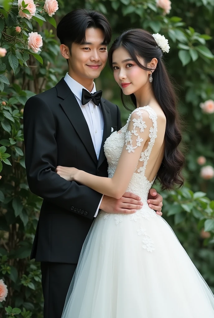 A korean couple wedding picture of Kim Minju from IZ*ONE as the bride and Jake from ENHYPEN as the groom