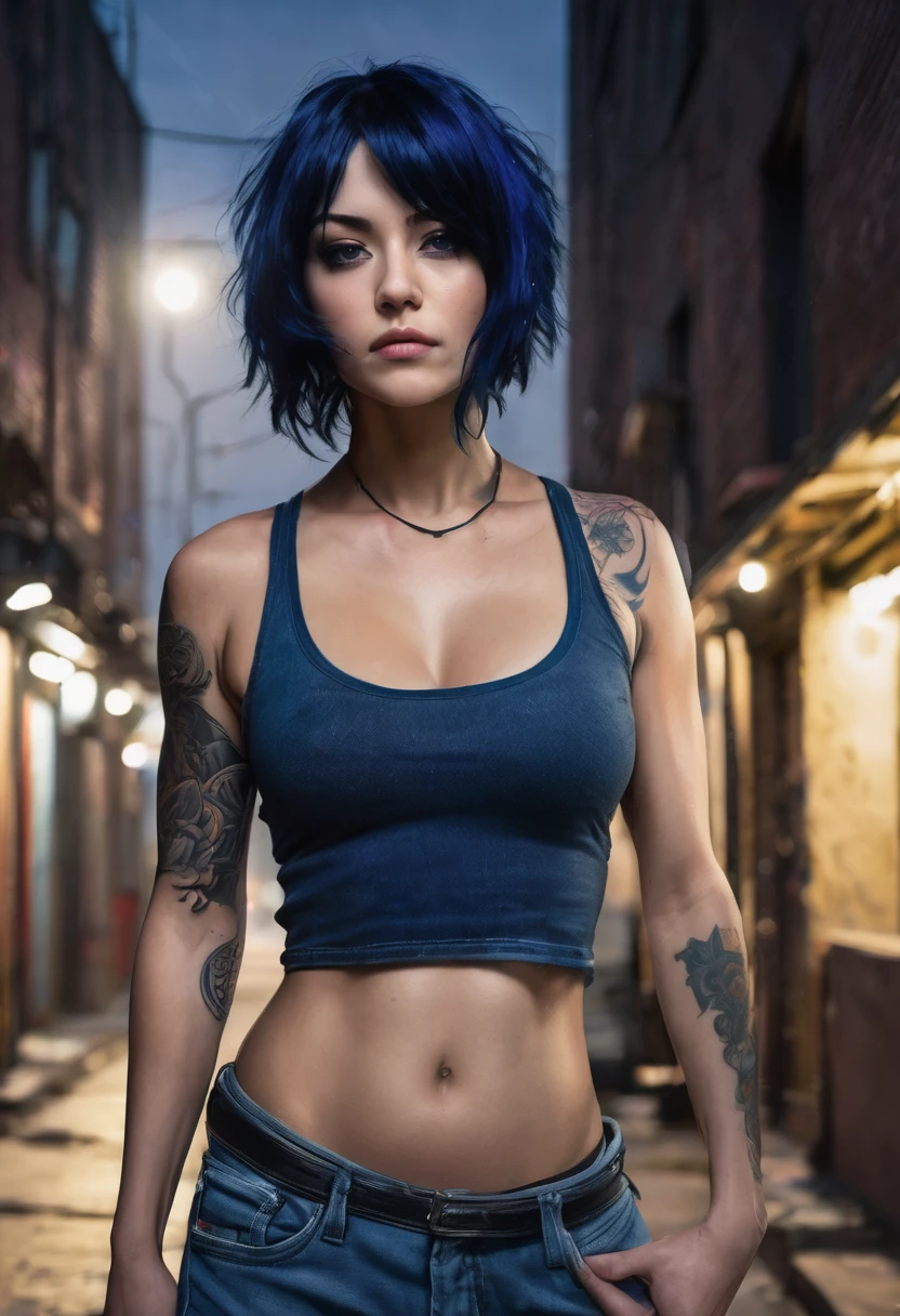 (good quality), (many details), (masterpiece), A close-up of a person in jeans and a tank top, dark blue hair, combative, athletic, serious melancholic face, small breasts, black band on the upper arms, strong, in an alley at night, realistic, tattoo under the eye,