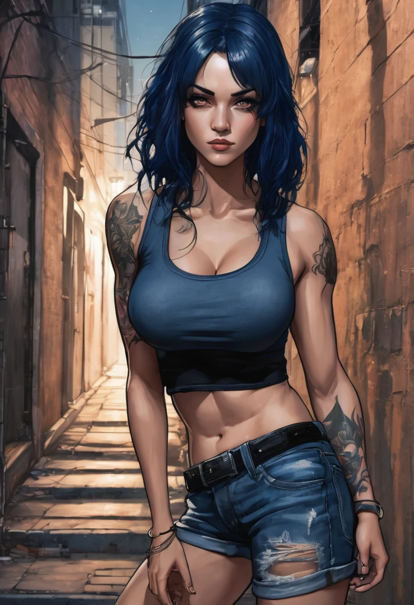 (good quality), (many details), (masterpiece), A close-up of a person in jeans and a tank top, dark blue hair, combative, athletic, serious melancholic face, small breasts, black band on the upper arms, strong, in an alley at night, realistic, tattoo under the eye,