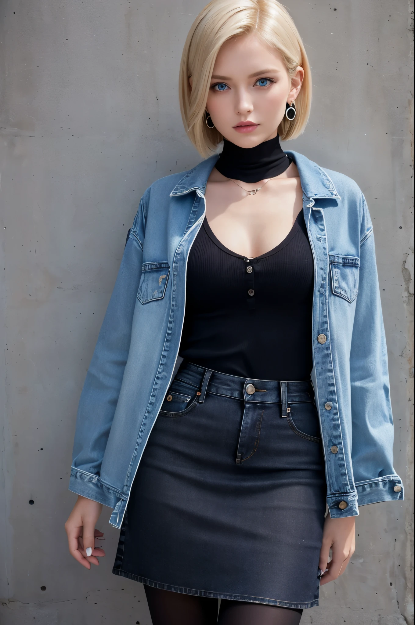 8k,Highest quality, High resolution, AND18, One Girl, Android 18, alone, Blonde, blue eyes, short hair, Earrings, jewelry, Denim dress, Open Vest, Black Pantyhose, Black Shirt, Jeans Skirt, long sleeves with stripes, Blue Skirt, Medium chest, Cowboy Shot, street, (External dilated chest: 1.2)　The body&#39;s aura is released　(Blue white light effect),Highest qualityのフォトリアリスティックRAW写真。Backlight、Cinema Lighting、Film Grain、50mm lens、Nikon D850、Realistic Skin、Fantasy art、Character Art、超High resolution、muscular and slim body、超Realistic Skin、Super Muscular Beauty,smile,Dynamic fighting pose,Clench your fist and get ready,
