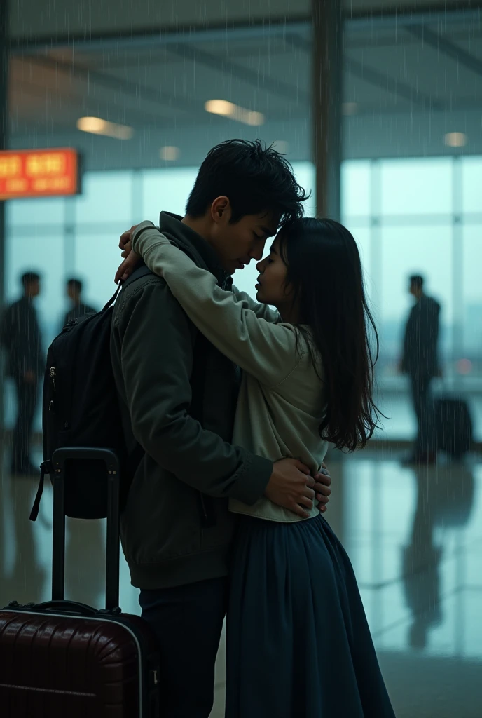 Heart break couple, airport, asian, rain, late to flight, girl going to abroad, flight