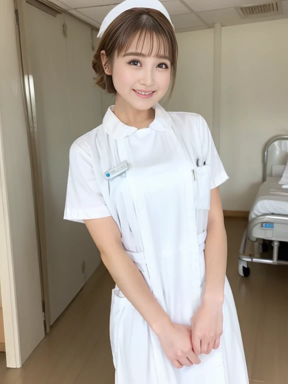 woman, alone, (Wearing white nurse clothes:1.2),bangs, Brown Hair, nurse, Perfect Anatomy, nurse uniform, (Nurse cap), (White costume), Long skirt, hospital, 