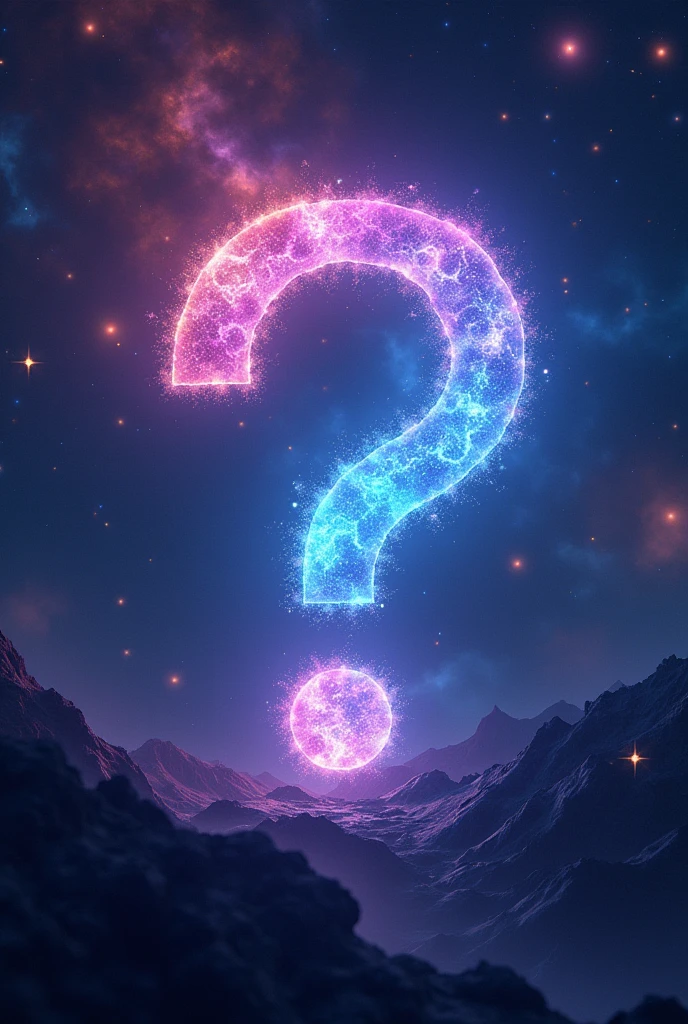 Logo with mark "?" For the cover of the Roblox game, the cover is mysterious, magnificent, and has cool, vibrant colors. The background is a beautiful galaxy.