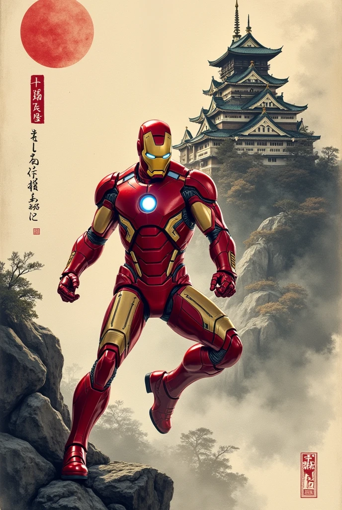  A Sumi-e painting of [Iron man], [], [Key Visual Element]. The background features [Castle] with [Artistic and Cultural Elements]. The style merges [Heroic Attributes or Actions] with the atmospheric effects of Sumi-e, [Specific Artistic Technique or Mood] --niji 6 --s 750