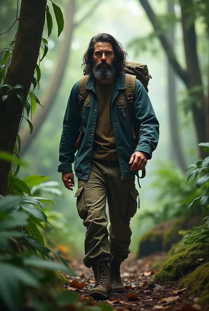 Photorealism 1.2 high detailed male long hair beard walking alone in the jungle with camping bacpack